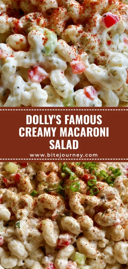 Top-down view of Dolly Parton Macaroni Salad in a white bowl with red peppers, green onions, and paprika garnish.