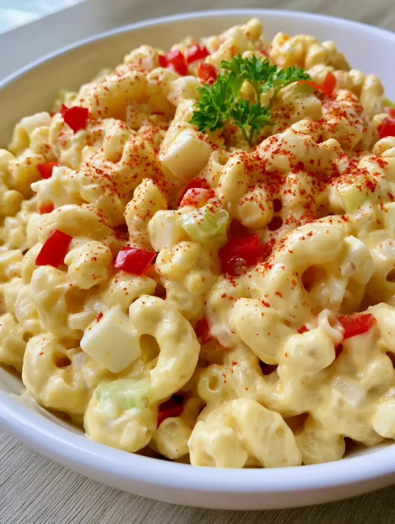 Overhead view of Amish Pasta Salad on a wooden surface with natural lighting.
