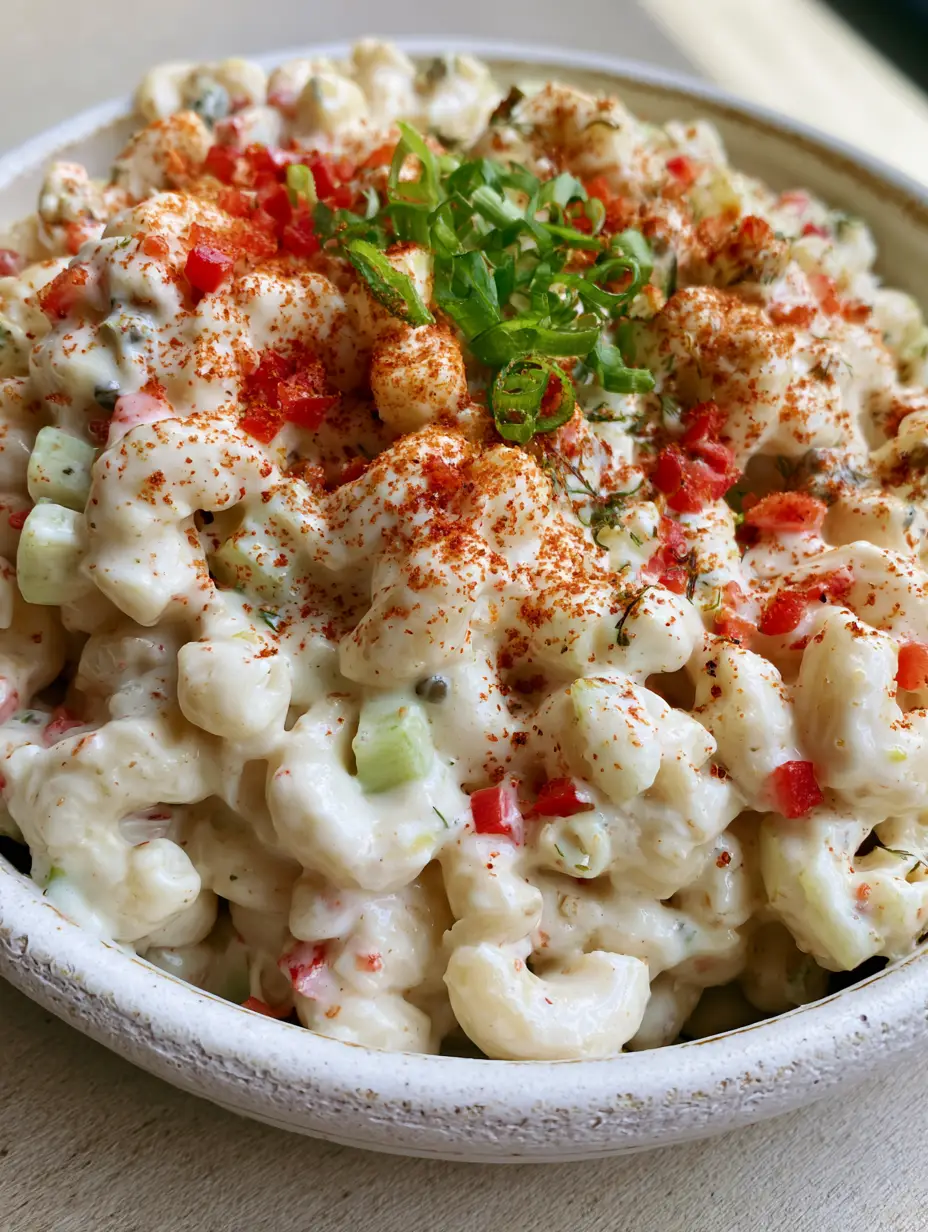 Close-up of creamy elbow macaroni salad with vibrant red peppers and green onions in a white ceramic bowl. (Dolly Parton Macaroni Salad)