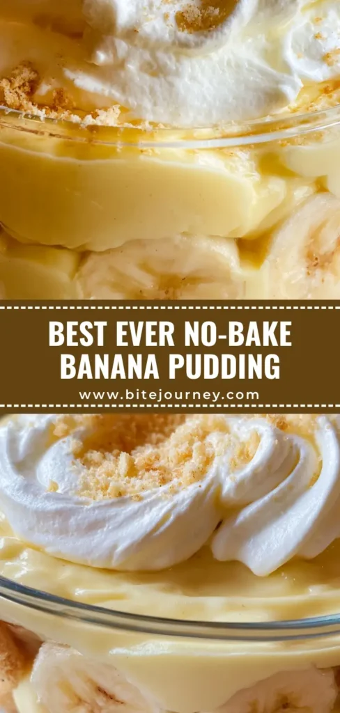 No Bake Banana Pudding: The Ultimate Easy Layered Dessert 4 A tall glass dish showcasing layers of golden vanilla wafers, pale yellow banana custard, and fresh banana slices, topped with whipped cream. (No Bake Banana Pudding)