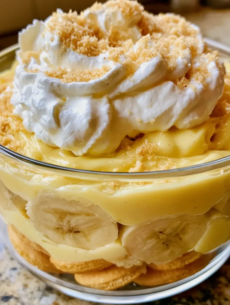Close-up handheld photo of layered No Bake Banana Pudding in a glass dish with fresh banana slices visible.
