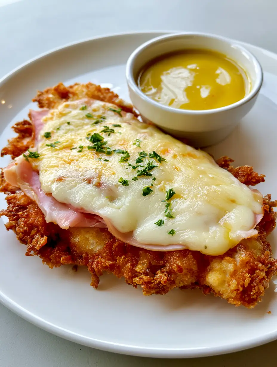 Golden-brown panko-breaded Crispy Malibu Chicken topped with ham and bubbly melted Swiss cheese on a white plate.