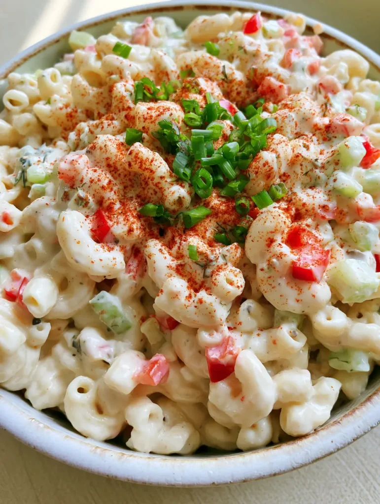 Overhead shot of Southern macaroni salad garnished with paprika on a light wooden table. (Dolly Parton Macaroni Salad)