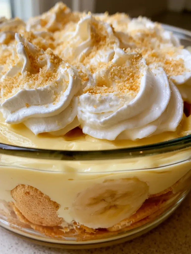 No Bake Banana Pudding: The Ultimate Easy Layered Dessert 1 Top view of No Bake Banana Pudding crowned with fluffy white whipped cream and crushed vanilla wafer crumbs.