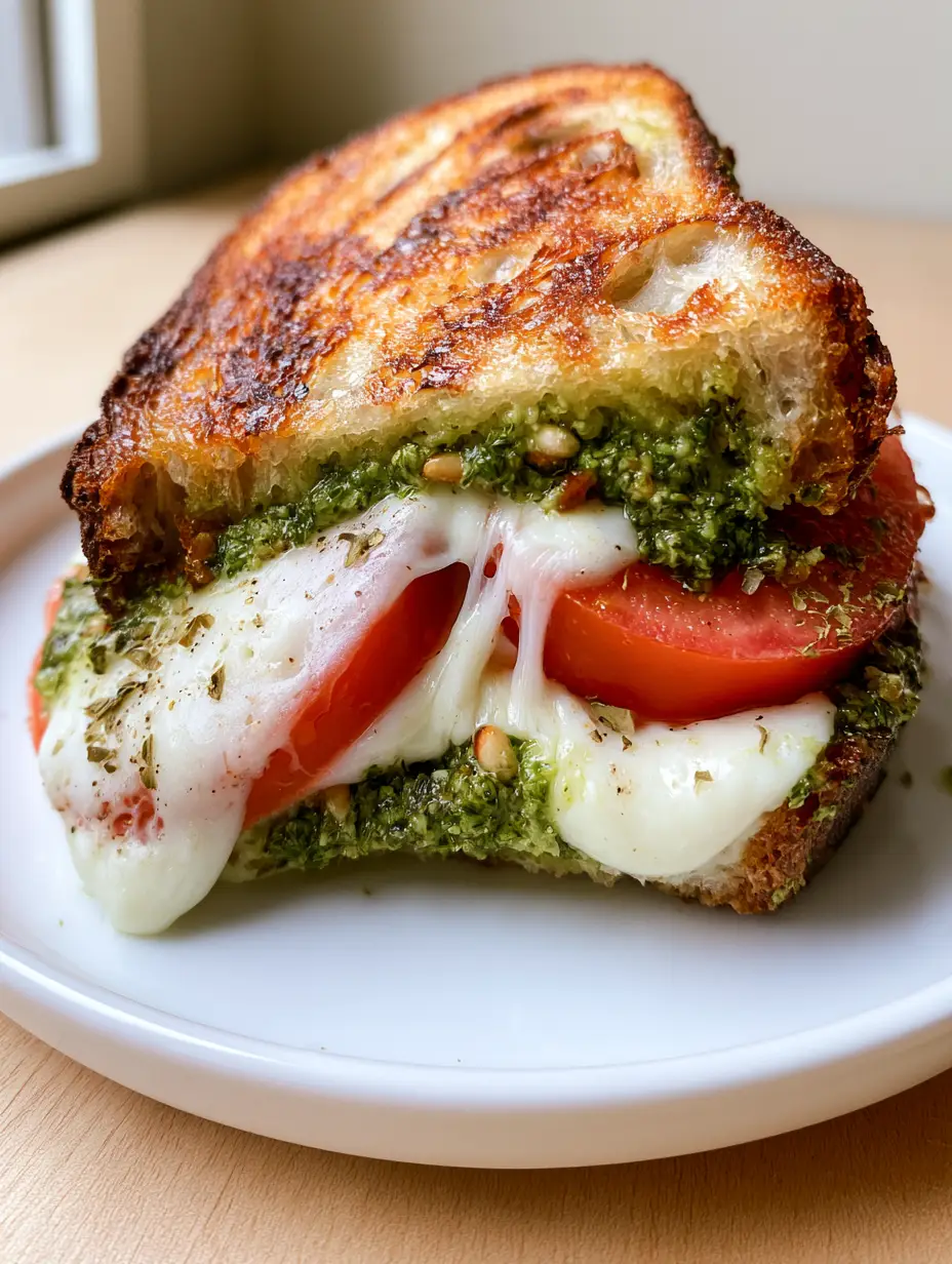 Pesto Grilled Cheese: The Ultimate Gourmet Sourdough Melt 3 A smartphone photo of a golden-brown Pesto Grilled Cheese sandwich with visible pine nut fragments in the pesto.