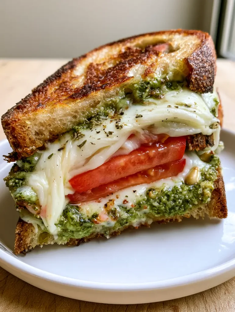 Pesto Grilled Cheese: The Ultimate Gourmet Sourdough Melt 1 Melted white mozzarella cheese and sliced red tomatoes inside a Pesto Grilled Cheese seasoned with oregano.