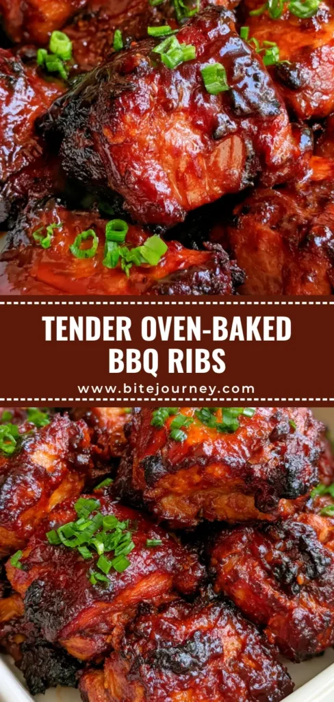 A close-up of tender Oven Baked Country Style Ribs glazed in thick BBQ sauce and topped with green onions in a white ceramic dish.