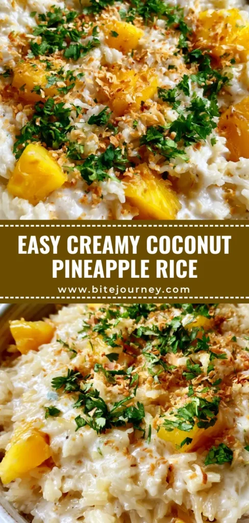 Coconut Pineapple Rice with Toasted Coconut and Fresh Cilantro 4 A close-up vertical shot of Coconut Pineapple Rice in a white bowl with glistening grains and fresh pineapple chunks.