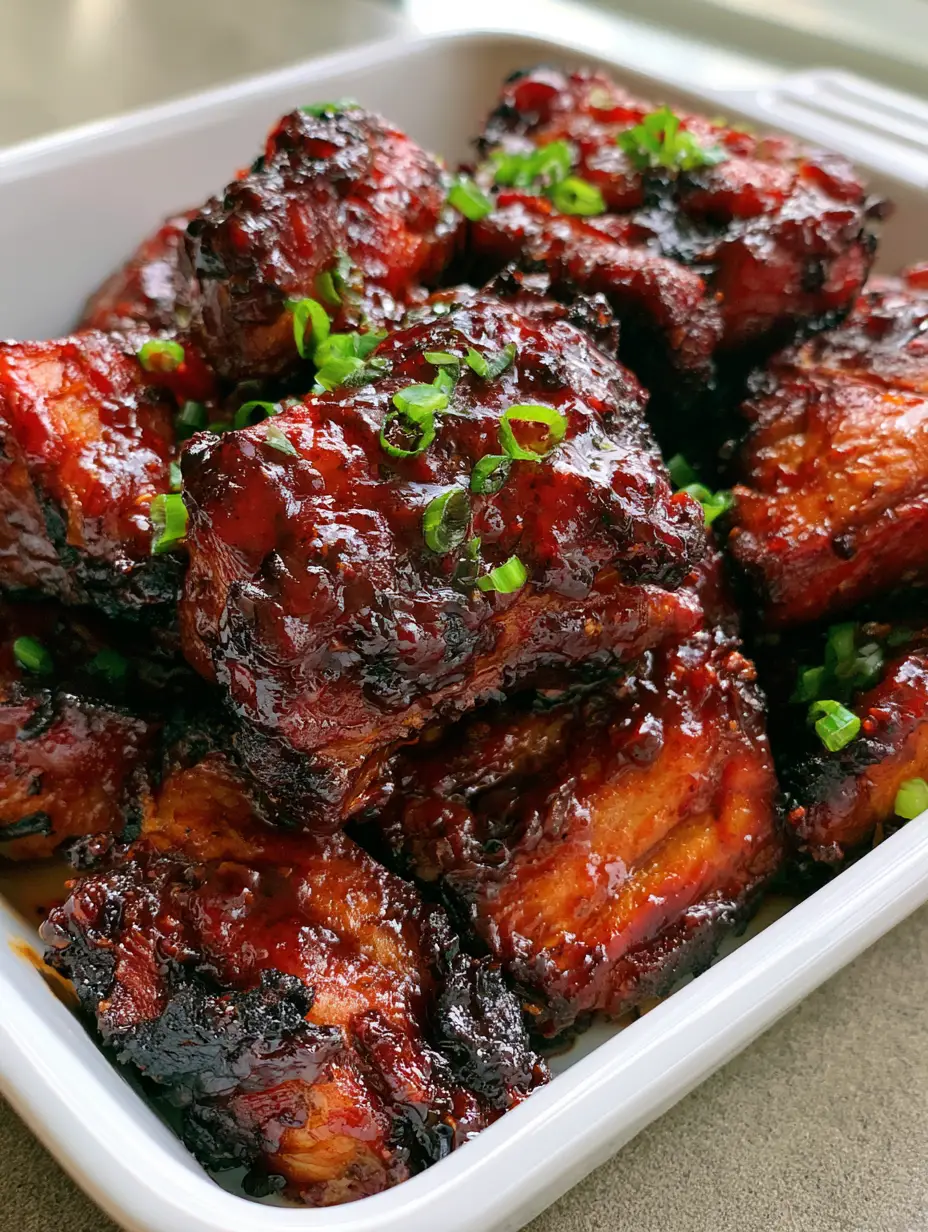 Handheld smartphone photo of thick-cut Oven Baked Country Style Ribs with a glossy BBQ glaze and fresh scallions.