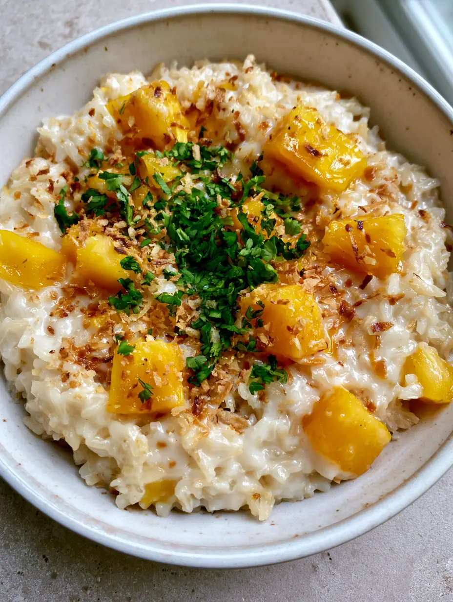 Coconut Pineapple Rice with Toasted Coconut and Fresh Cilantro 3 Top-down view of Coconut Pineapple Rice showing the thick coconut milk sauce and golden pineapple chunks.