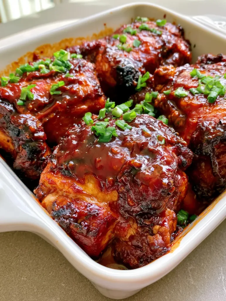 Close-up texture of caramelized BBQ sauce on Oven Baked Country Style Ribs in a white rectangular dish.