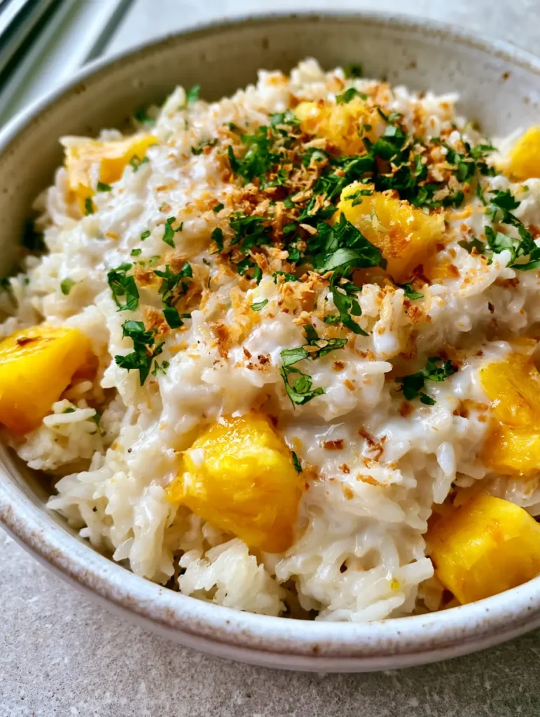 Coconut Pineapple Rice with Toasted Coconut and Fresh Cilantro 1 Detailed close-up of toasted coconut flakes and fresh cilantro over Coconut Pineapple Rice.