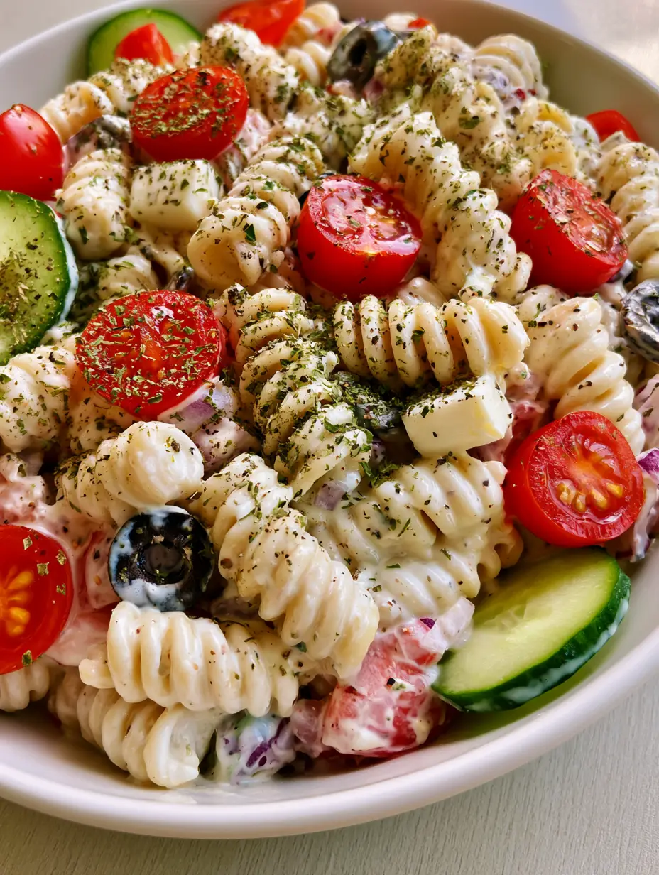 Close up of glossy white dressing coating rotini pasta spirals with black olives and oregano. (cold side dishes for bbq)