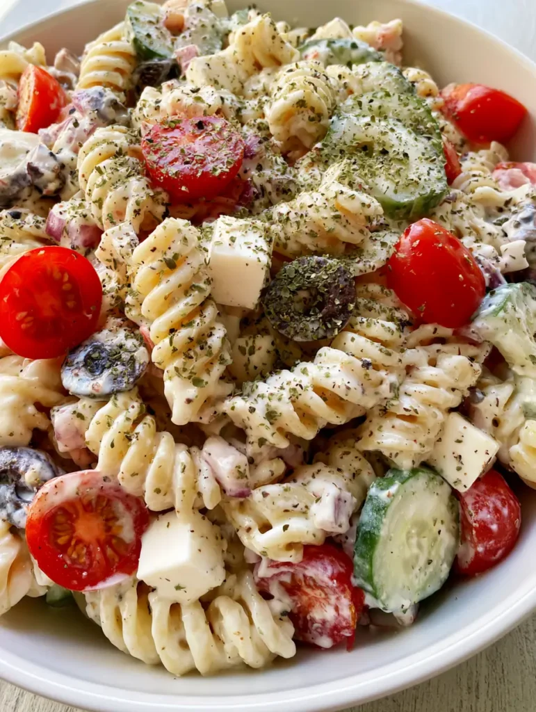 Vibrant vegetable mix including cherry tomatoes and cucumbers in a creamy pasta salad. (cold side dishes for bbq)