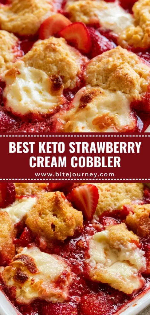 A top-down view of a Keto Strawberry Cream Cheese Cobbler with bubbling red fruit and golden-brown topping in a white dish.