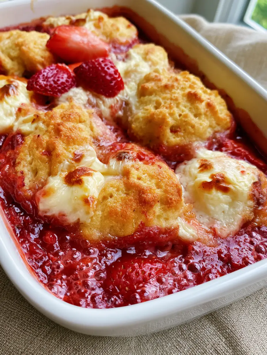 Close up shot of bubbly macerated strawberries and melted cream cheese pockets in a Keto Strawberry Cream Cheese Cobbler.