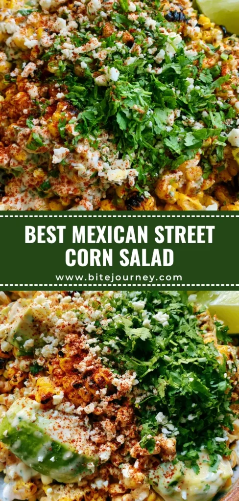A close-up vertical shot of Mexican Street Corn Salad featuring charred corn, avocado chunks, and cotija cheese in a rustic bowl.
