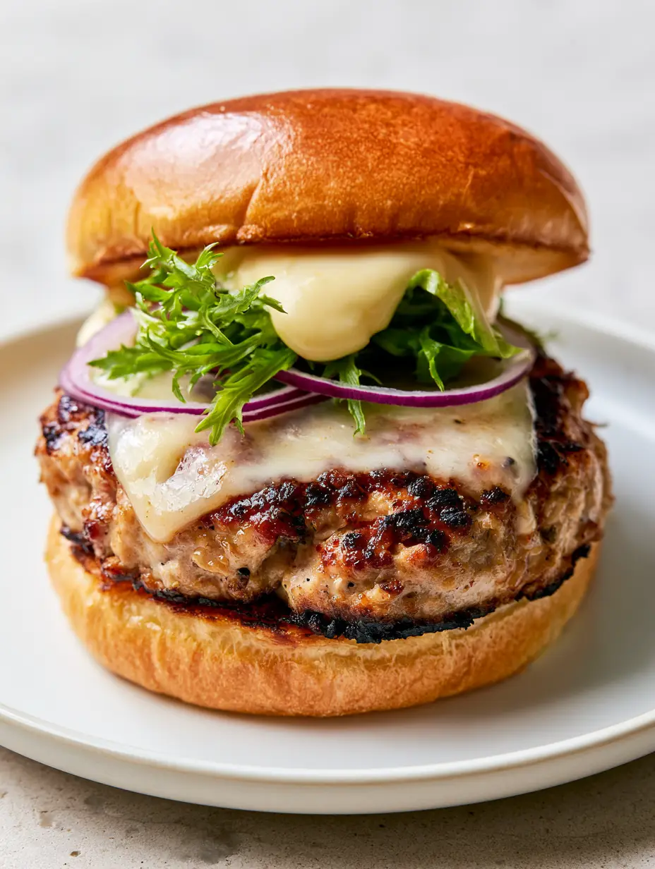 Close-up of a succulent Turkey Burger Recipe with charred edges and bubbling white cheddar cheese.