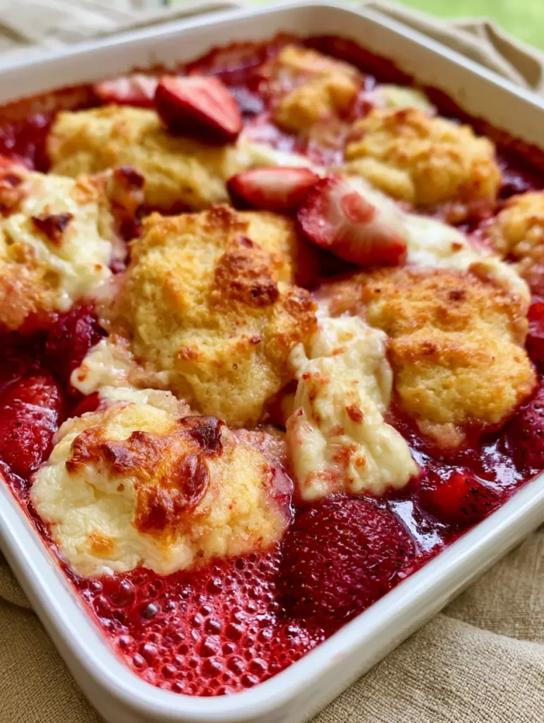 Golden-brown cobbler topping with fresh strawberry garnish in a white ceramic dish.