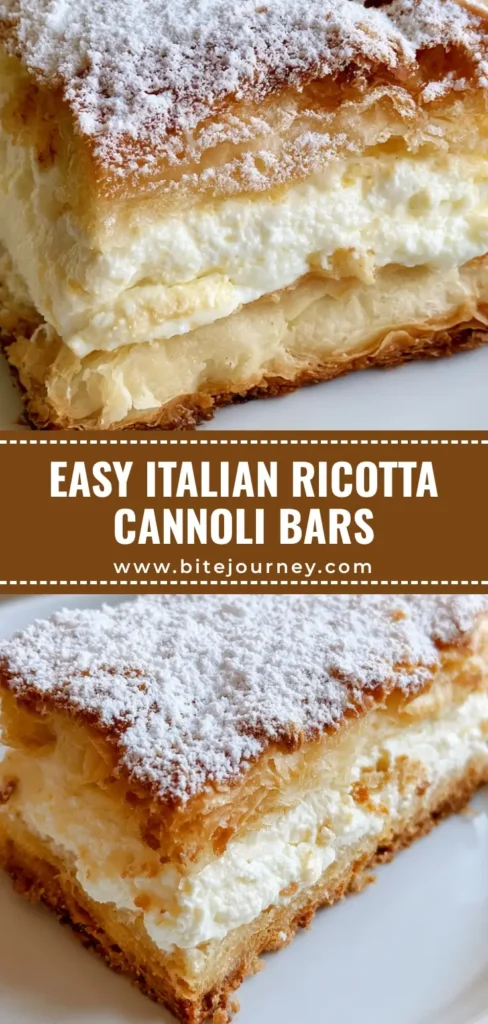 A tall stack of Ricotta Cannoli Squares showing the thick white cream filling and flaky golden pastry layers with powdered sugar. (Ricotta Cannoli Squares)