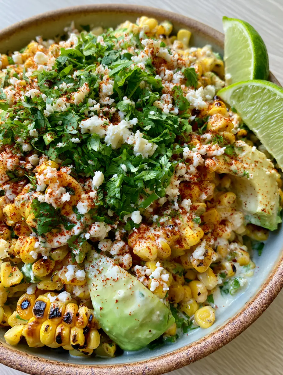 Top-down view of Mexican Street Corn Salad with golden charred corn and pale green avocado chunks. (Mexican Street Corn Salad)