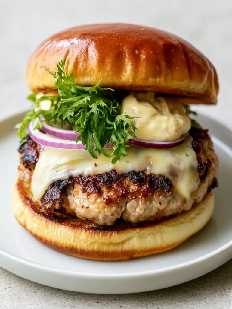 Eye-level shot of a gourmet turkey burger on a white plate with crisp frisee and red onion rings. (Turkey Burger Recipe)