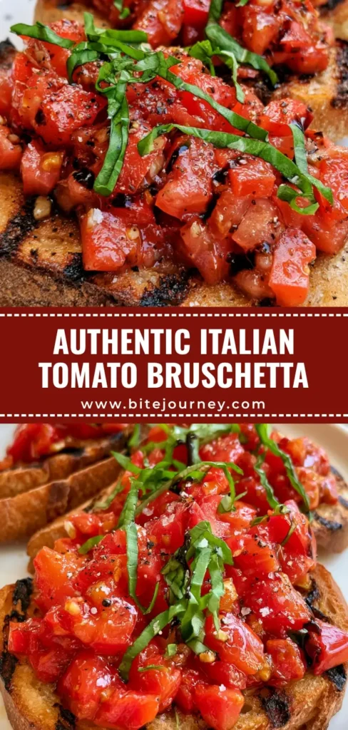 A close-up shot of the Italian Tomato Bruschetta Recipe showing charred sourdough, vibrant diced tomatoes, and a balsamic glaze drizzle.