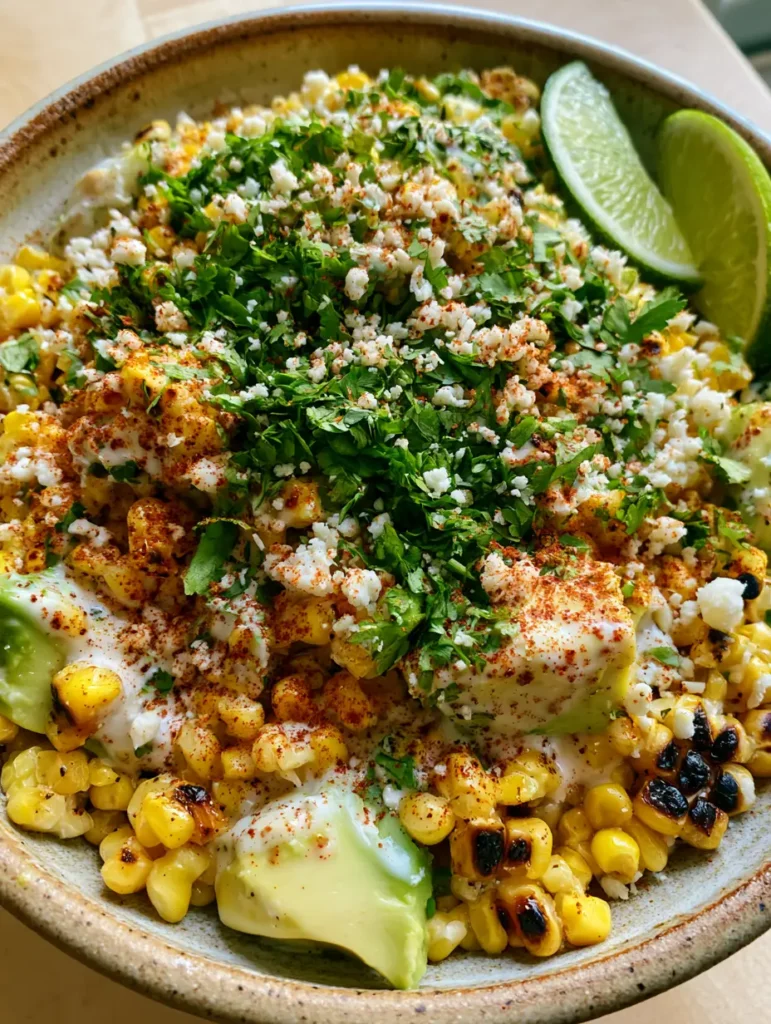 Detailed shot of Mexican Street Corn Salad showing the creamy lime-crema sauce and red chili powder dusting.