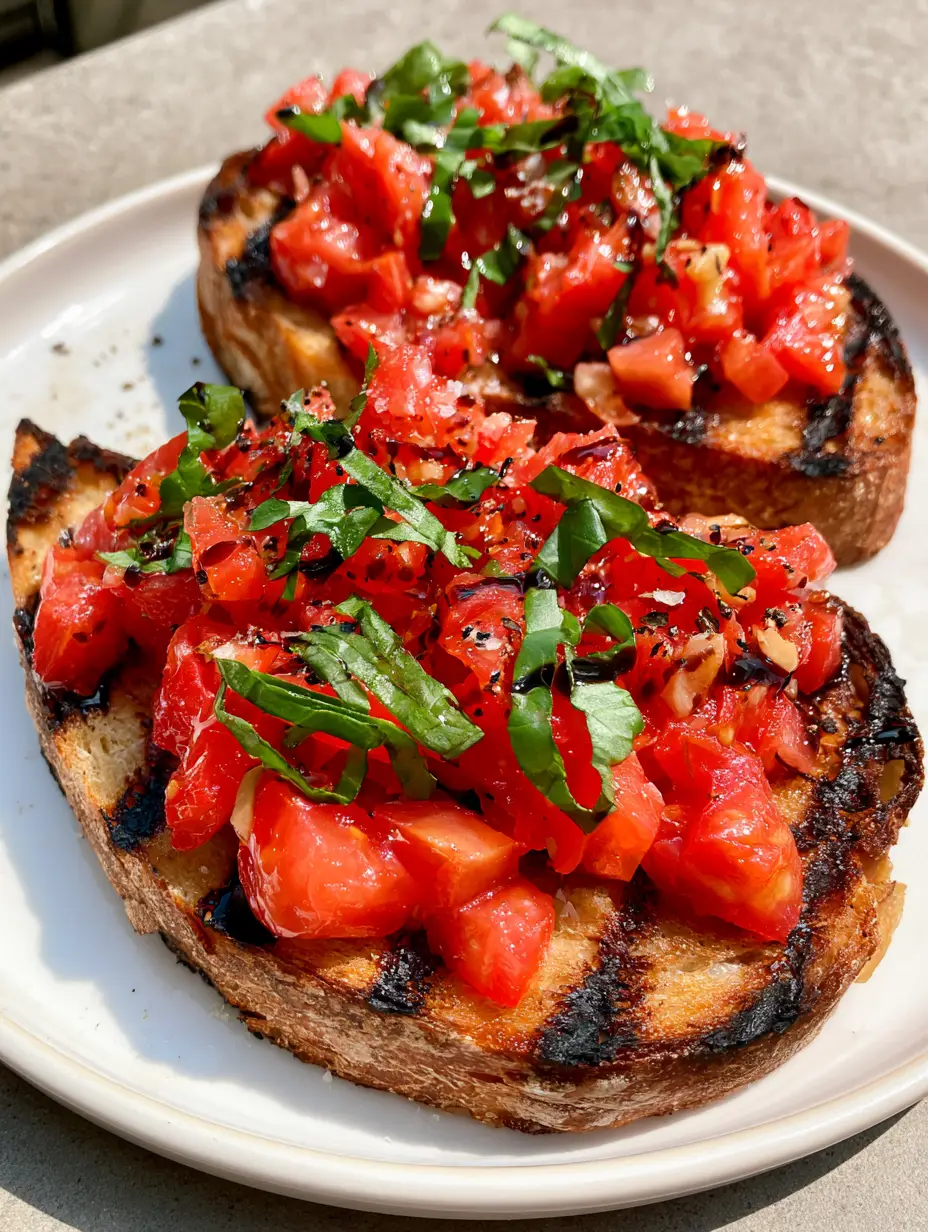 Smartphone photo of authentic Italian tomato bruschetta on a white plate with visible grill marks and basil ribbons. (Italian Tomato Bruschetta Recipe)
