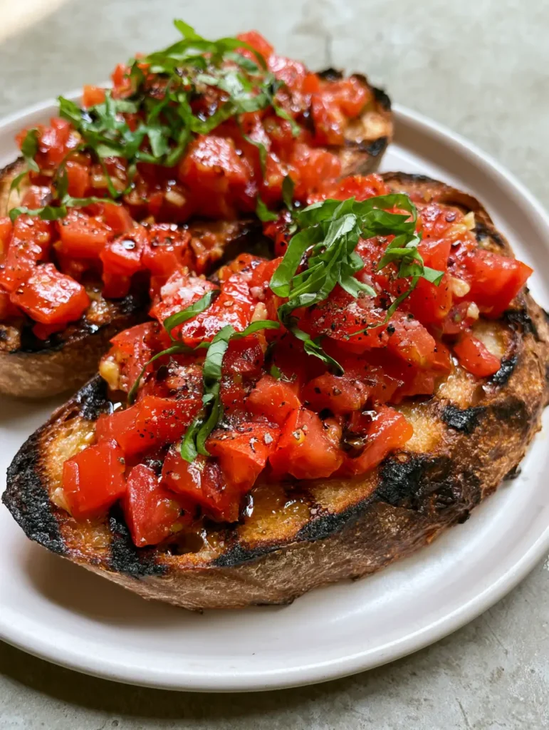 Diagonal sourdough slices topped with glossy tomatoes and a dark balsamic zig-zag drizzle. (Italian Tomato Bruschetta Recipe)