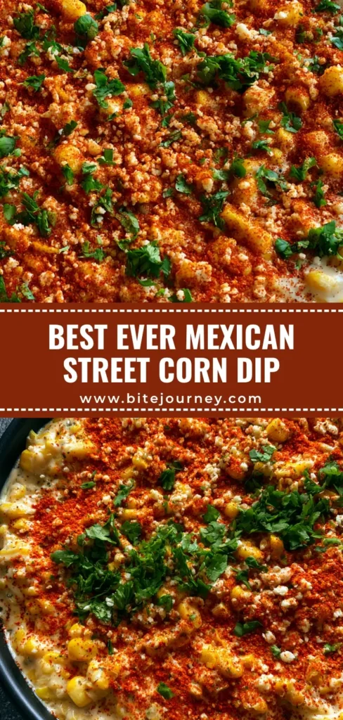 Overhead shot of Mexican Street Corn Dip in a matte black cast iron skillet featuring yellow corn, thick white cream sauce, and red chili powder dusting.