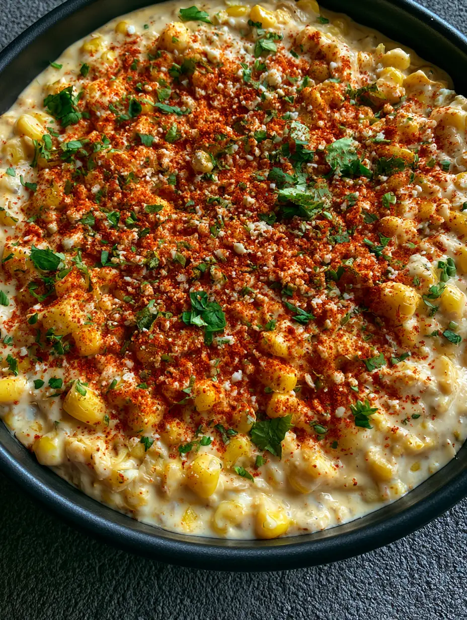 Close up of glossy thick white cream sauce base with yellow corn kernels and green cilantro in a black skillet. (Mexican Street Corn Dip)