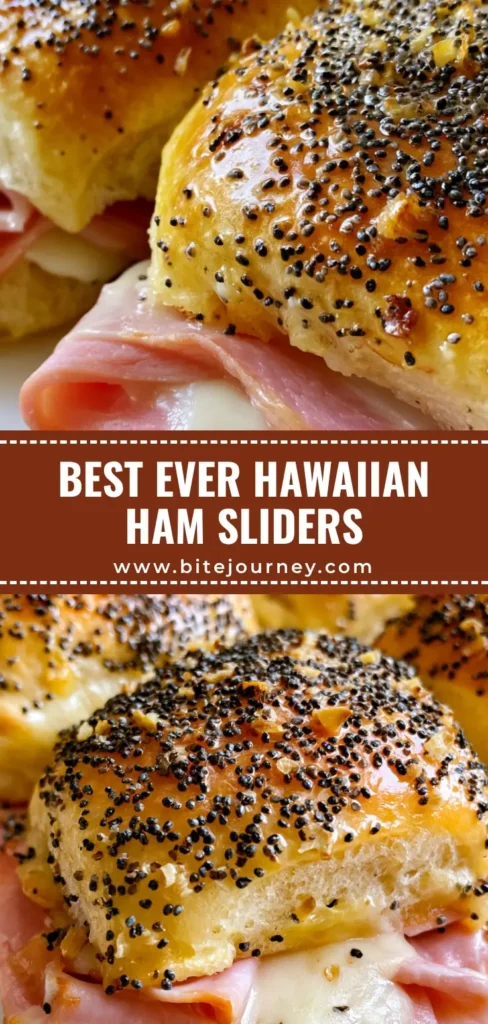 A tray of golden-brown Hawaiian Ham and Cheese Sliders with a glossy poppy seed glaze and melted Swiss cheese.