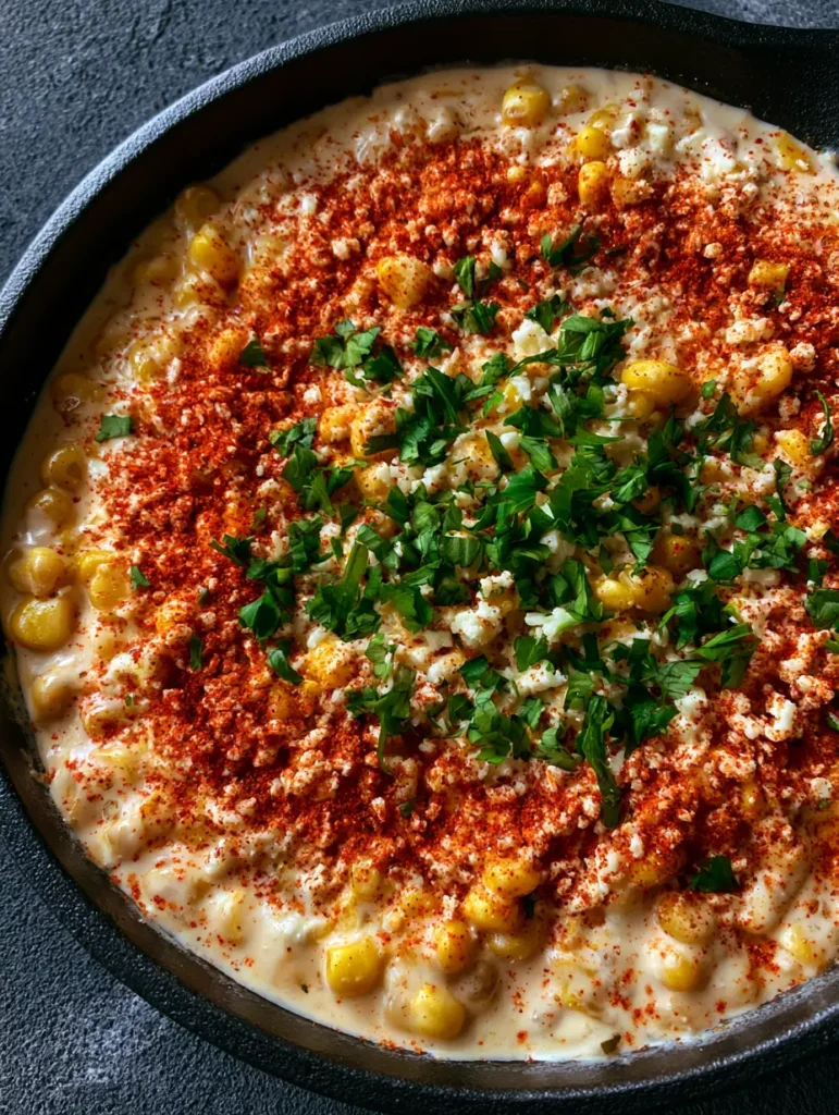 Overhead view of Mexican Street Corn Dip garnished with red chili powder and white cotija cheese crumbles on a charcoal surface.