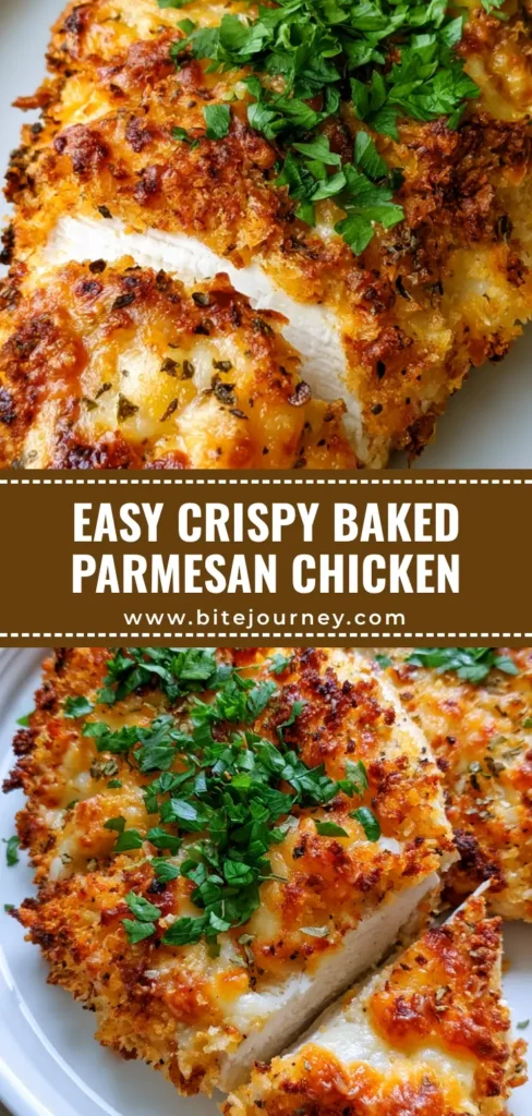 A close-up shot of Parmesan Crusted Chicken with a thick, golden panko crust, sliced to show the juicy interior on a white dish.