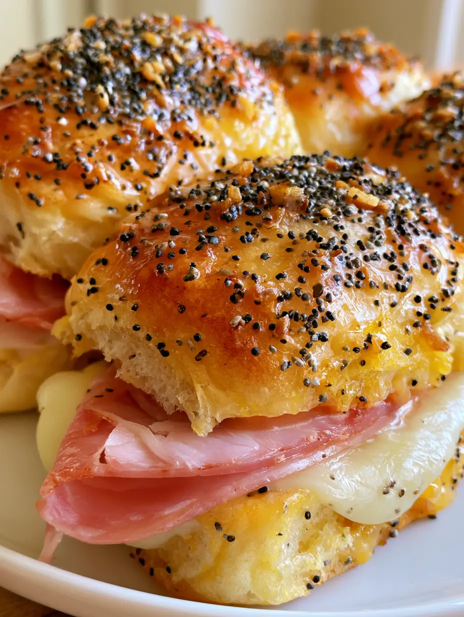 Close up of a hand holding a Hawaiian Ham and Cheese Slider with melted cheese and poppy seed glaze. (Hawaiian Ham and Cheese Sliders)
