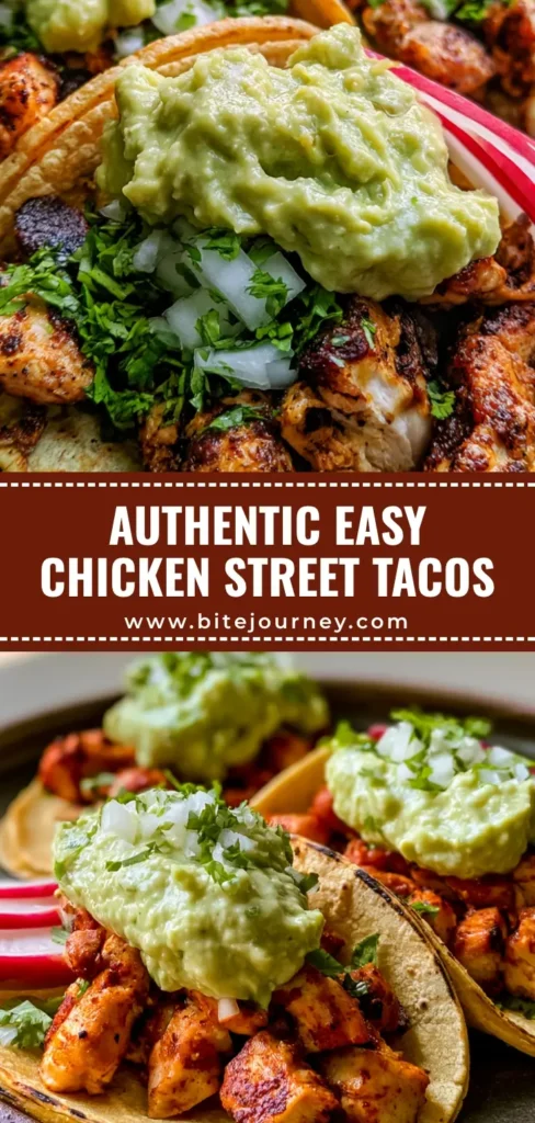 Authentic Chicken Street Tacos with Creamy Guacamole 3 A stack of Authentic Chicken Street Tacos on a rustic plate featuring charred chicken, creamy guacamole, and radishes.