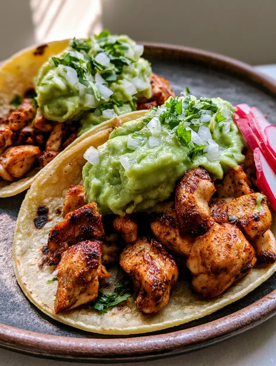 Authentic Chicken Street Tacos with Creamy Guacamole 4 Close-up handheld shot of three Authentic Chicken Street Tacos with visible char marks on chicken and pale green guacamole.