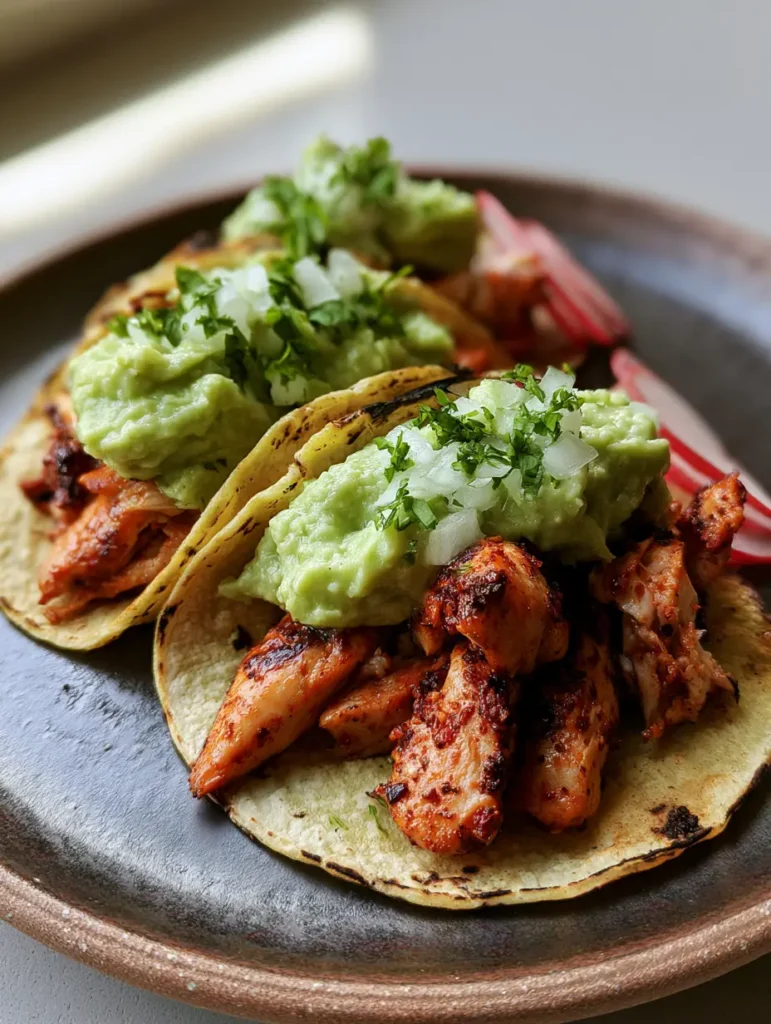 Authentic Chicken Street Tacos with Creamy Guacamole 1 Authentic Chicken Street Tacos served on a dark rustic ceramic plate with lime wedges and cilantro garnish.