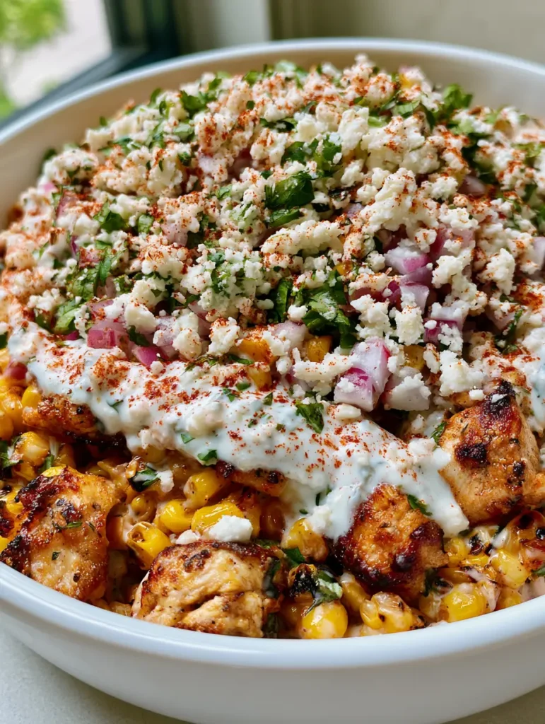 Mexican Street Corn Chicken Salad (Creamy Elote Style) 2 Close up view of seared chicken breast chunks and charred yellow corn kernels in a creamy white dressing. (Mexican Street Corn Chicken Salad)