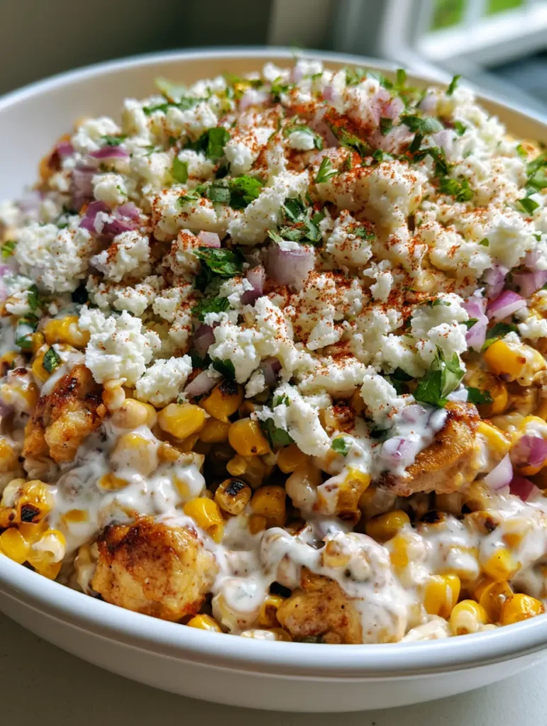 Mexican Street Corn Chicken Salad (Creamy Elote Style) 1 Overhead view of Mexican Street Corn Chicken Salad garnished with cotija cheese, red onion, and cilantro in a white ceramic bowl.
