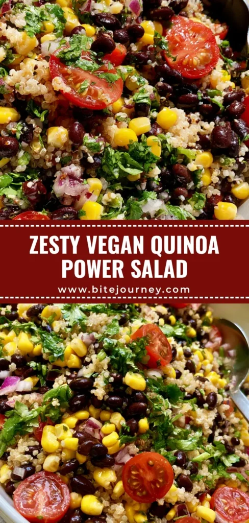 A top-down view of a vibrant Quinoa Salad in a white ceramic bowl featuring black beans, corn, and cherry tomatoes on a gray stone countertop.
