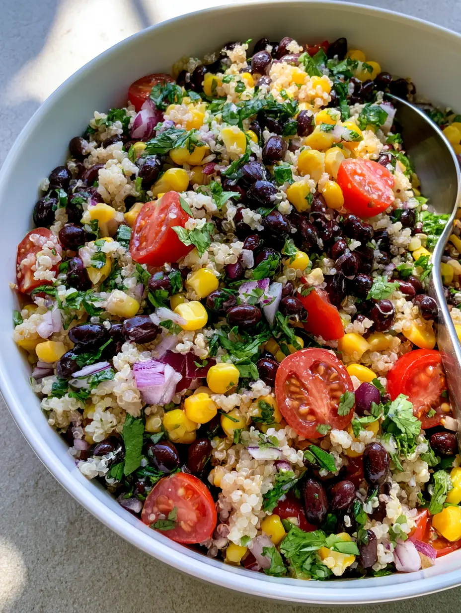 Close-up of Quinoa Salad showing fluffy white grains mixed with glossy black beans and halved cherry tomatoes.