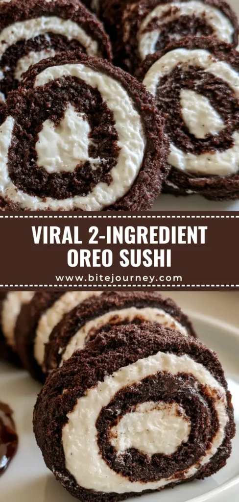 A top-down view of uniform Oreo Sushi Rolls arranged on a white plate with a side of chocolate dipping sauce.