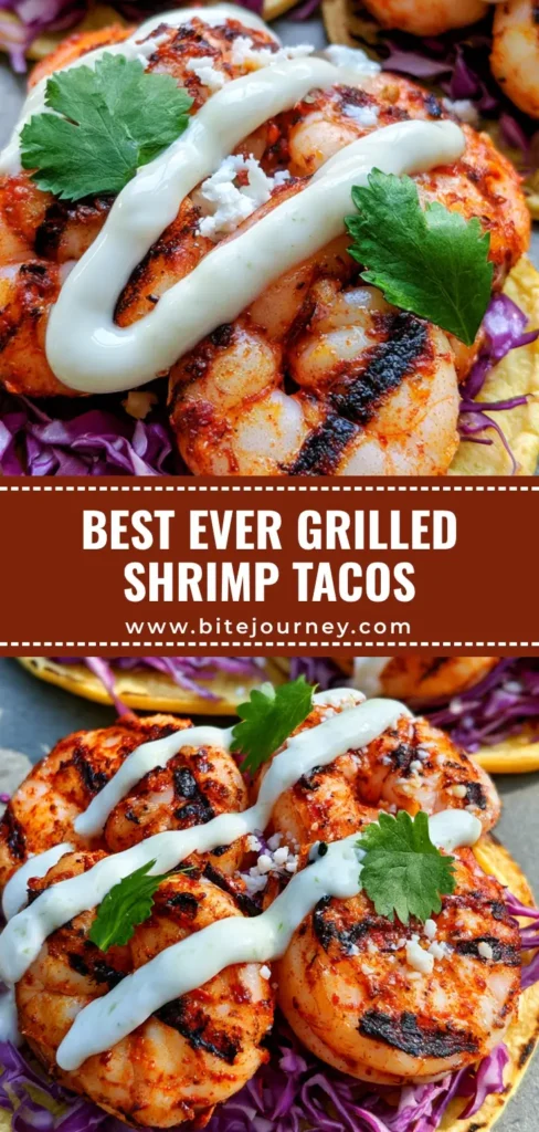 A handheld smartphone photo of three Grilled Shrimp Tacos featuring charred shrimp, purple cabbage, and a lime crema zigzag on a stone surface.