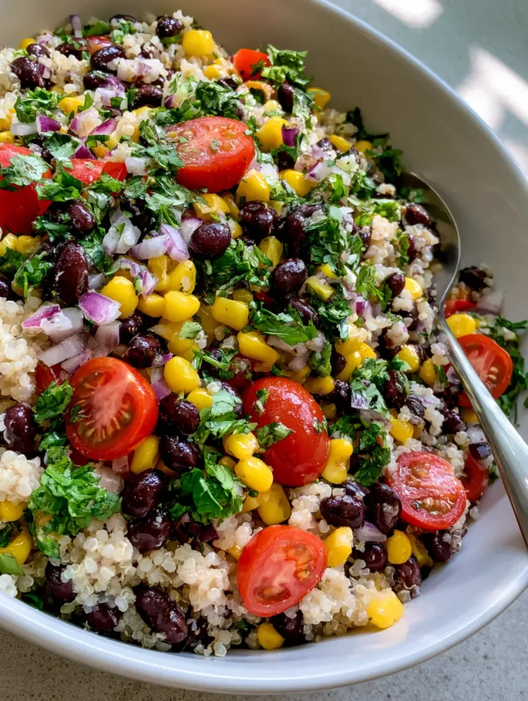 Wide angle photo of Quinoa Salad in a white bowl with a silver spoon on a neutral gray countertop.