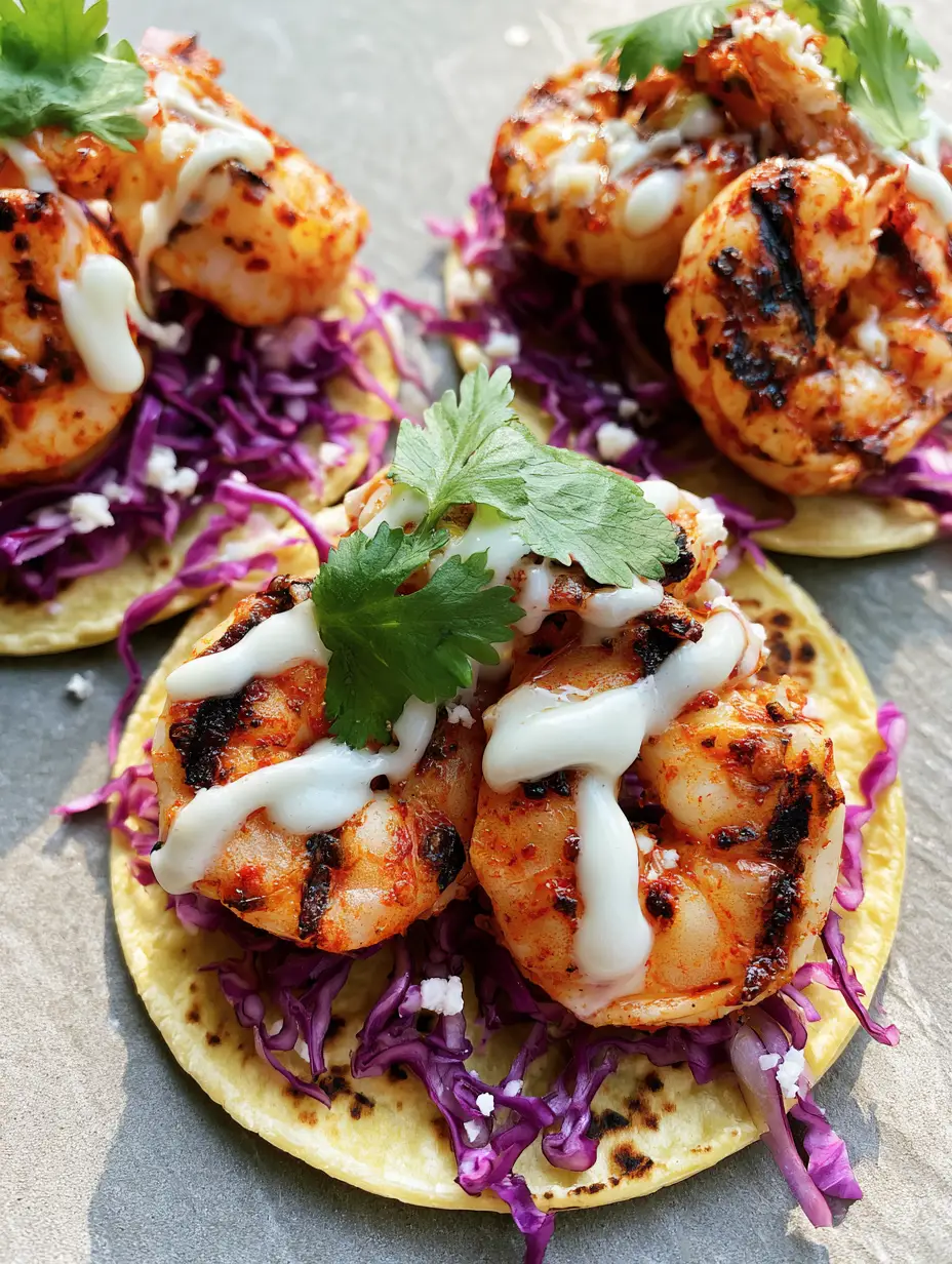 Close up of Grilled Shrimp Tacos with dark brown grill marks, red chili seasoning, and vibrant purple cabbage.