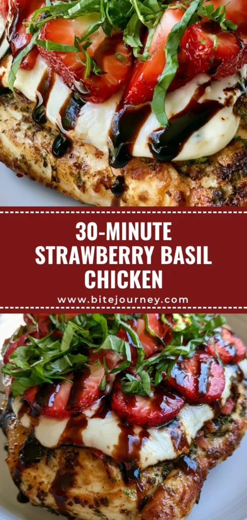 A handheld smartphone photo of Strawberry Basil Chicken featuring a seared chicken breast topped with melted mozzarella, fresh strawberry halves, and green basil ribbons with a balsamic glaze drizzle.