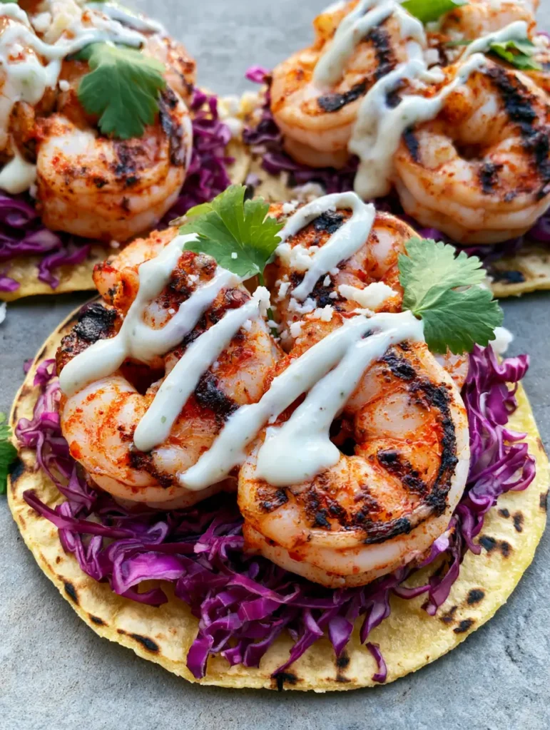 Three Grilled Shrimp Tacos served on a gray stone surface with lime crema zigzag and fresh cilantro garnishes.