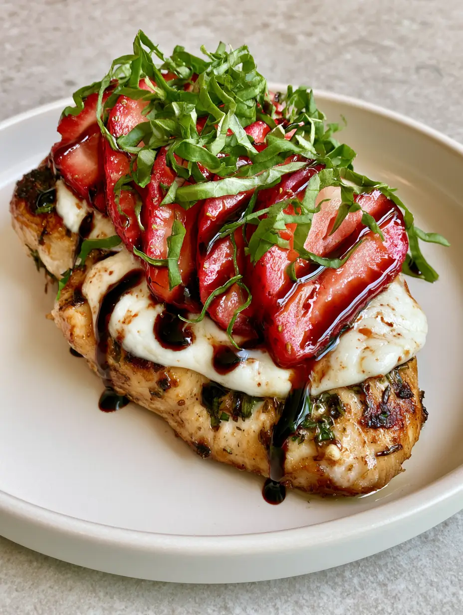 Close up of seared Strawberry Basil Chicken showing the golden-brown herb seasoning and thick melted mozzarella cheese layer.
